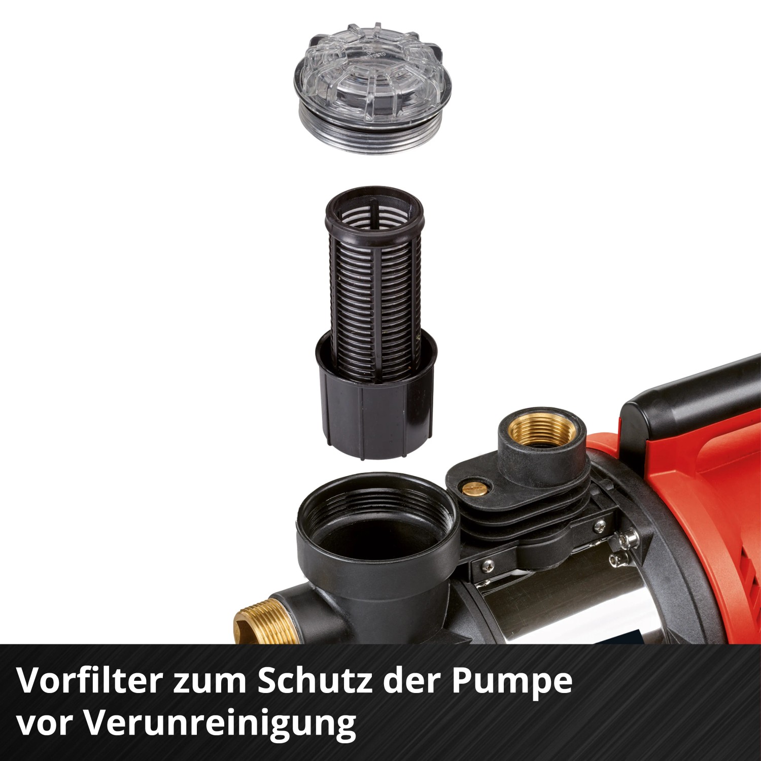 Einhell GE-AW 1144 SMART Hauswasserautomat: Detailaufnahme des Vorfilters und Zubehör.