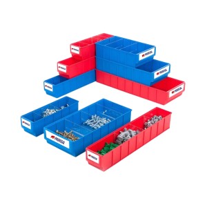 PROREGAL SuperSparSet: Blaue und rote Industrieboxen (48 Stk.) zur Aufbewahrung im Regal.