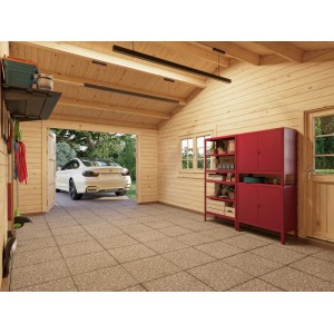 Innenansicht: Palmako Garage Roger mit Holztor, grau-weiß lackiert, mit Auto und rotem Regal.