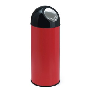 Roter PROREGAL Abfallbehälter aus Metall mit schwarzem Pushdeckel, 55 Liter.