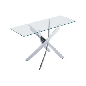 Eleganter Konsolentisch Cosima mit transparenter Sicherheitsglasplatte und silberfarbenem, verchromtem Metallgestell.