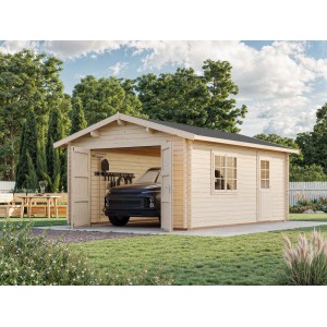 Palmako Holzgarage Roger mit Holztor, naturbelassen, mit Auto im Inneren.