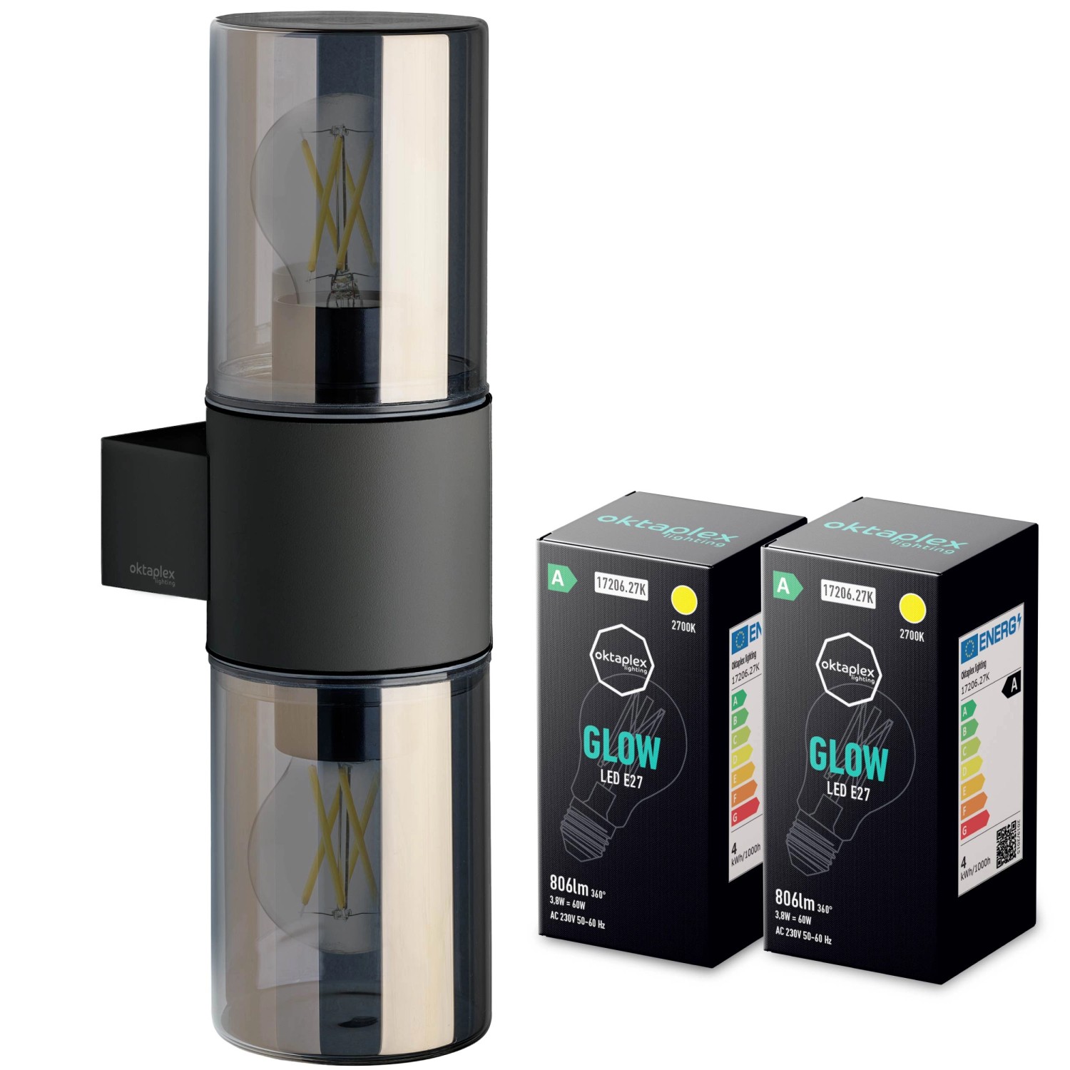 Oktaplex Puno Außenlampe Aluminium mit 2x E27 Leuchtmittel Warmweiß IP44 Rauchglas Anthrazit
