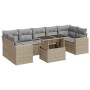 Beige 8-tlg. vidaXL Garten-Sofagarnitur aus Rattan mit Tisch und grauen Kissen.