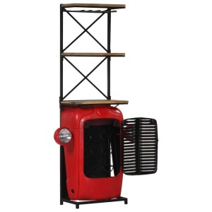VidaXL Traktor-Weinschrank aus Mango Massivholz, rot, mit Regalen und Flaschenhaltern.