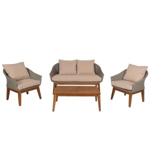 MCW Gartengarnitur N37 Grau/Beige: Lounge-Set mit Akazienholz, Rattansesseln und Tisch.