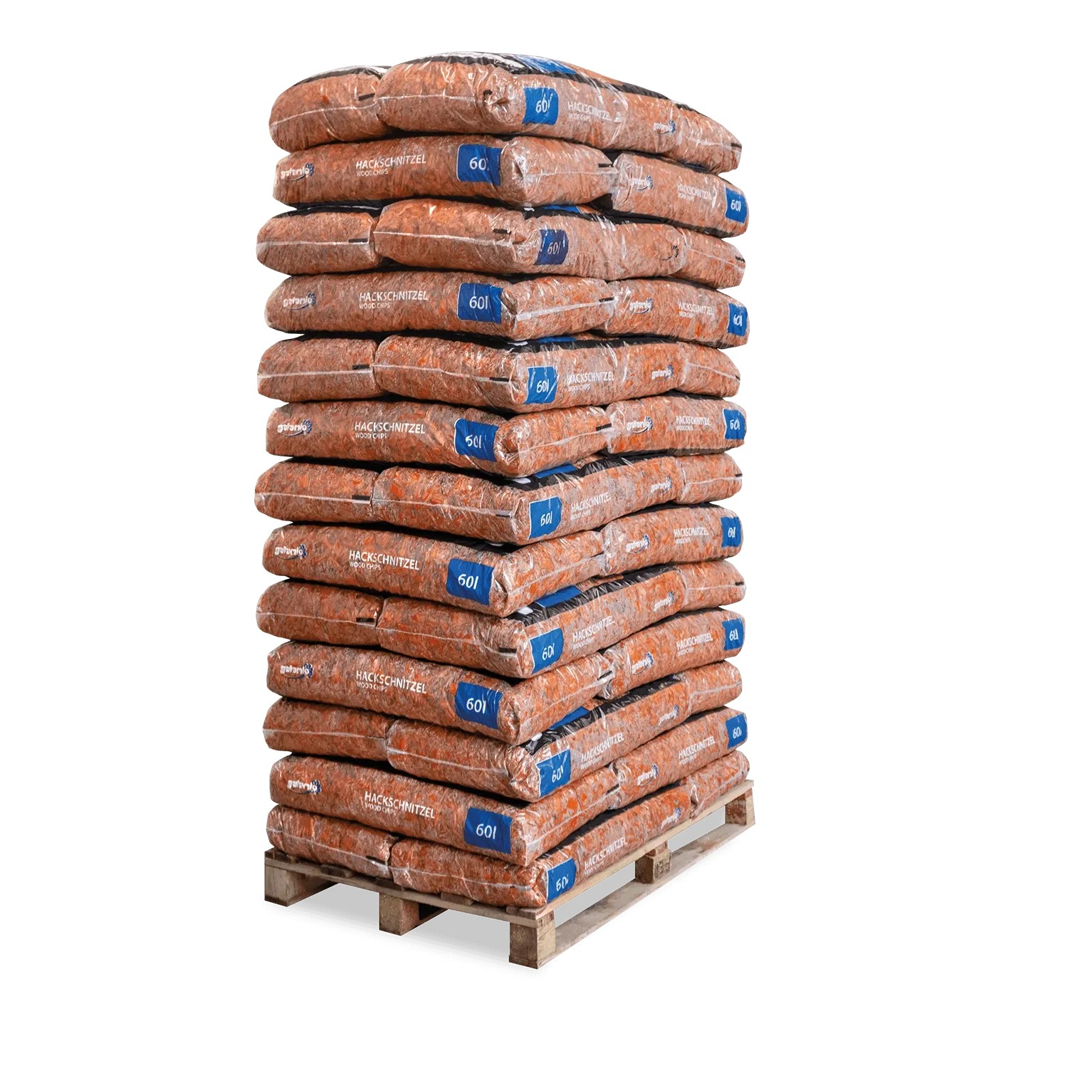 Palette mit orangefarbenen Galamio Holzhackschnitzeln in 60l Säcken, ideal als Mulch für den Garten.