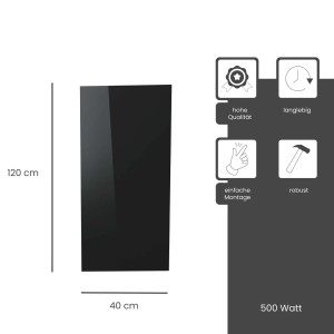 Schwarze Fenix Infrarotheizung ECOSUN Glasheizung, 500W, 120x40cm, mit Maßangaben.