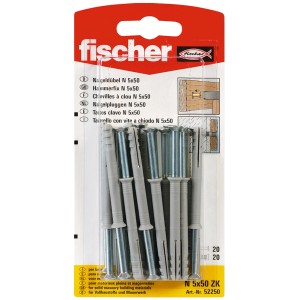 Fischer Nageldübel N 5 x 50/30 S, 20 Stück, vormontiert, für schnelle Schlagmontage.