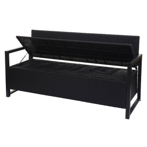 Anthrazitfarbene Poly-Rattan Gartenbank mit Staufach und geöffnetem Deckel.