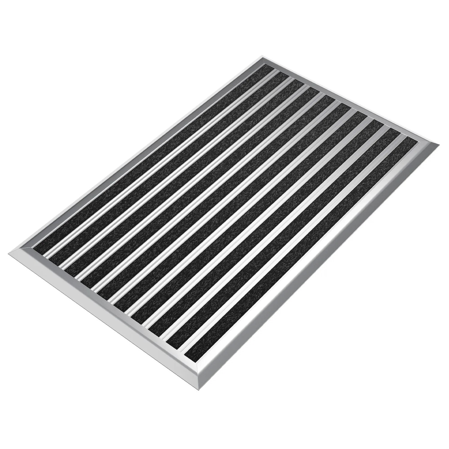 Björn&Schiller Fußmatte 55x90 cm für Außenbereich. Silberner Aluminiumrahmen, schwarze Polypropylen-Streifen. Schmutzfangmatte.