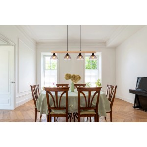 Globo Hängeleuchte Lindi, 4-flammig, Holz/Schwarz über Esstisch in modernem Esszimmer.