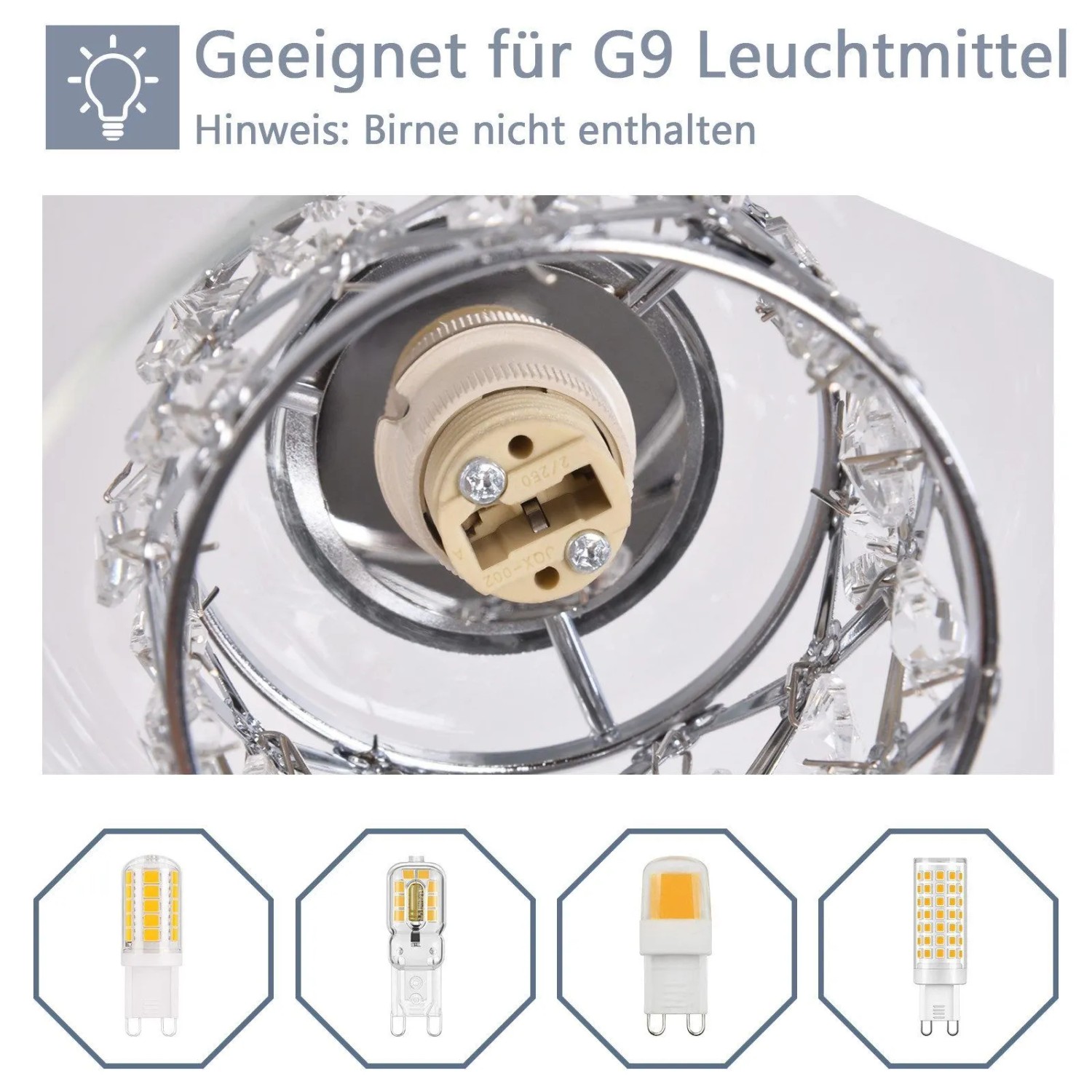 G9 Fassung der modernen Kristall-Pendelleuchte, zeigt Kompatibilität mit G9 Leuchtmitteln. Birne nicht enthalten.