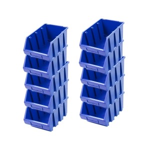 PROREGAL SuperSparSet: 10 blaue Sichtlagerboxen aus Polypropylen, gestapelt.