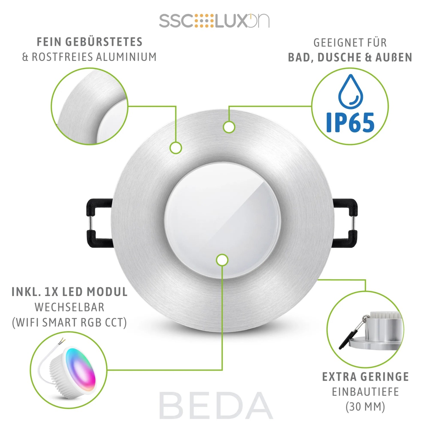 Flacher LED Einbauspot BEDA, Smart Home kompatibel, RGB CCT, IP65 für Bad & Außenbereich, Aluminium gebürstet.
