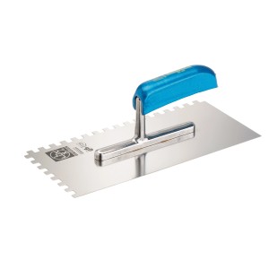 LUX Glättekelle, rostfrei, 8x8 mm Zahnung, mit blauem Griff für Fliesen- und Klebearbeiten.