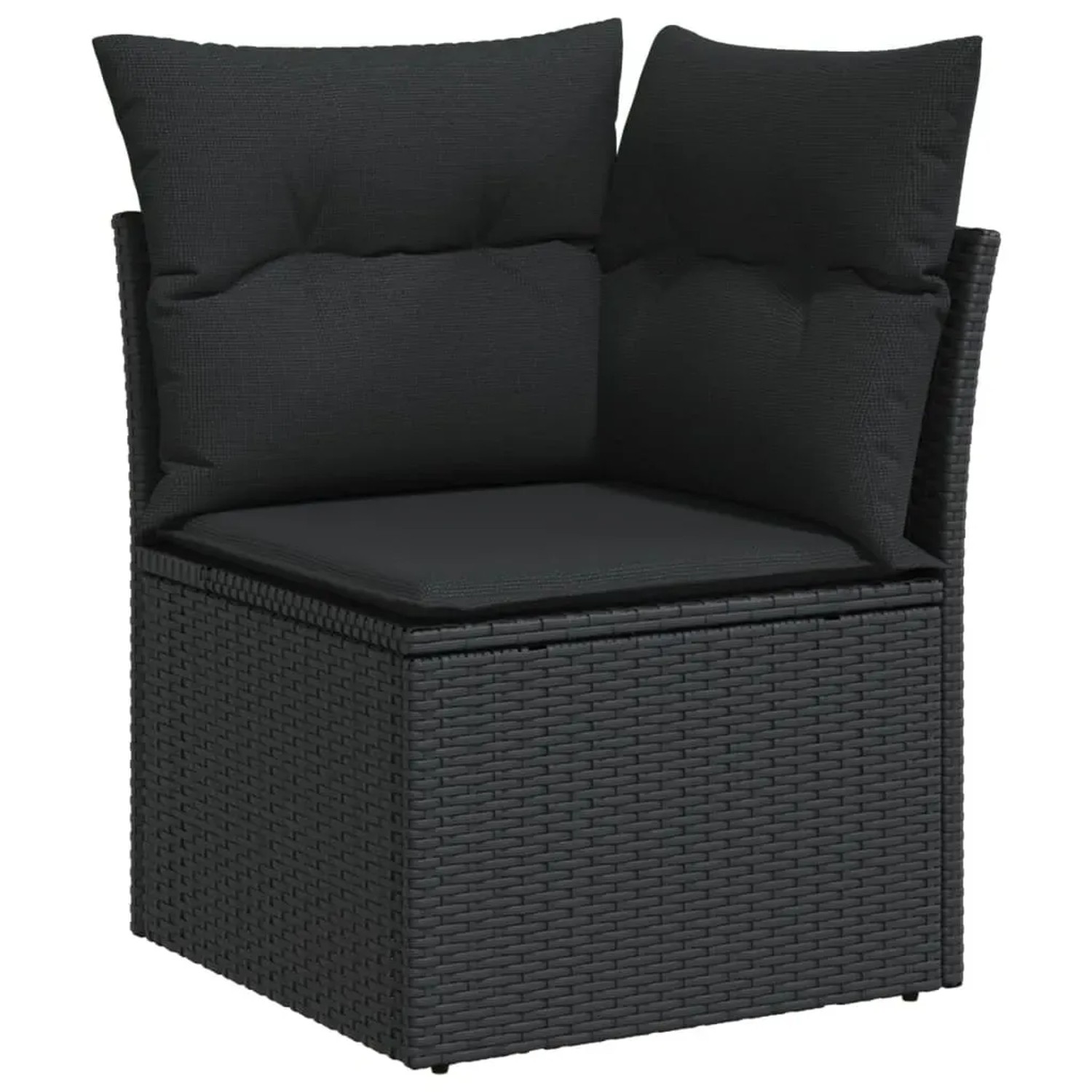 Schwarzes Ecksofa aus Polyrattan mit Kissen, Teil der vidaXL Garten-Sofagarnitur.