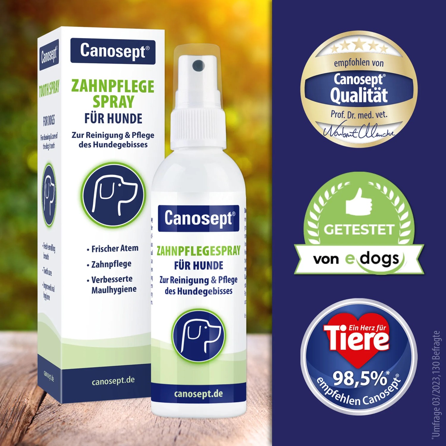 Canosept Zahnpflegespray für Hunde, 100ml Flasche und Verpackung. Für frischen Atem und verbesserte Maulhygiene.