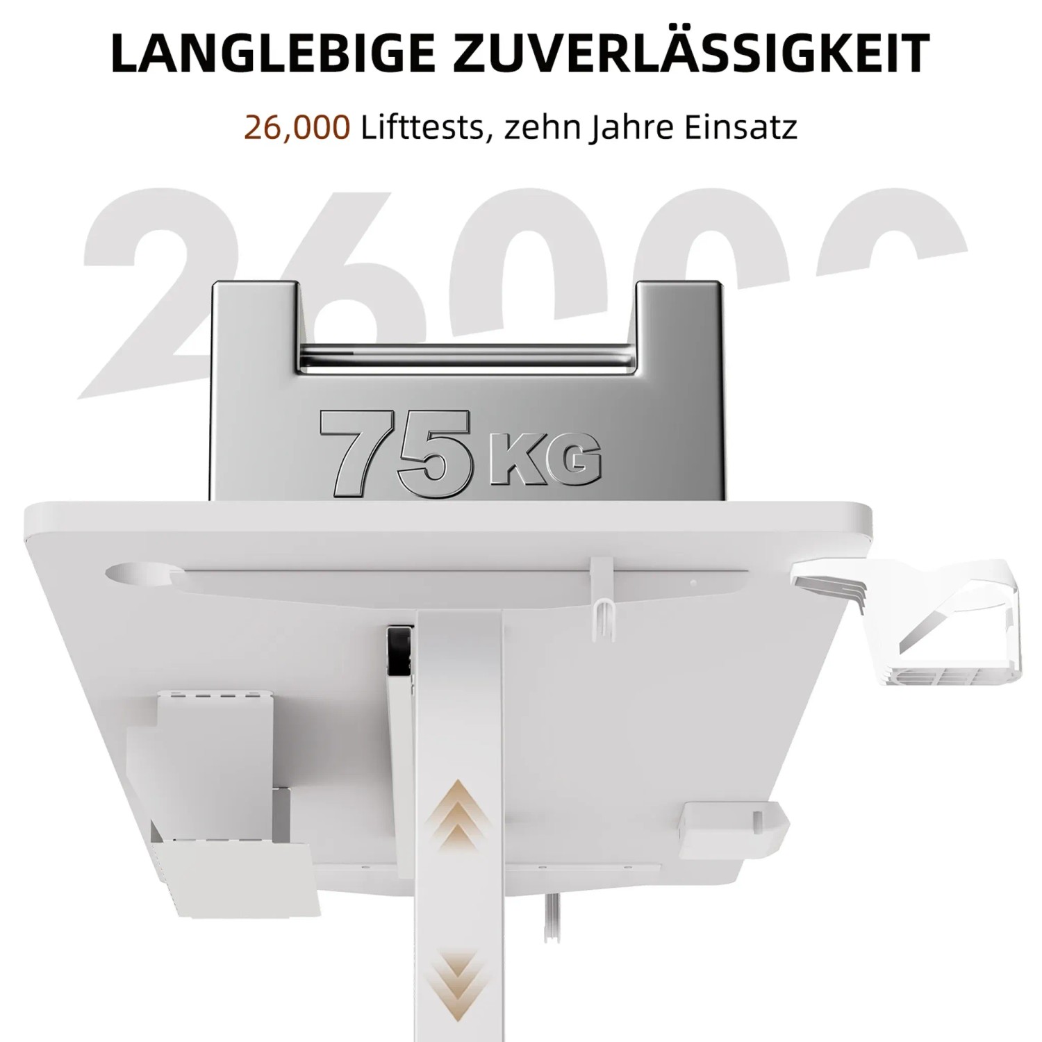Detailansicht HOMAVO Schreibtisch: Stabilitätstest mit 75kg Gewicht. Höhenverstellbarer Tisch für Büro/Homeoffice.
