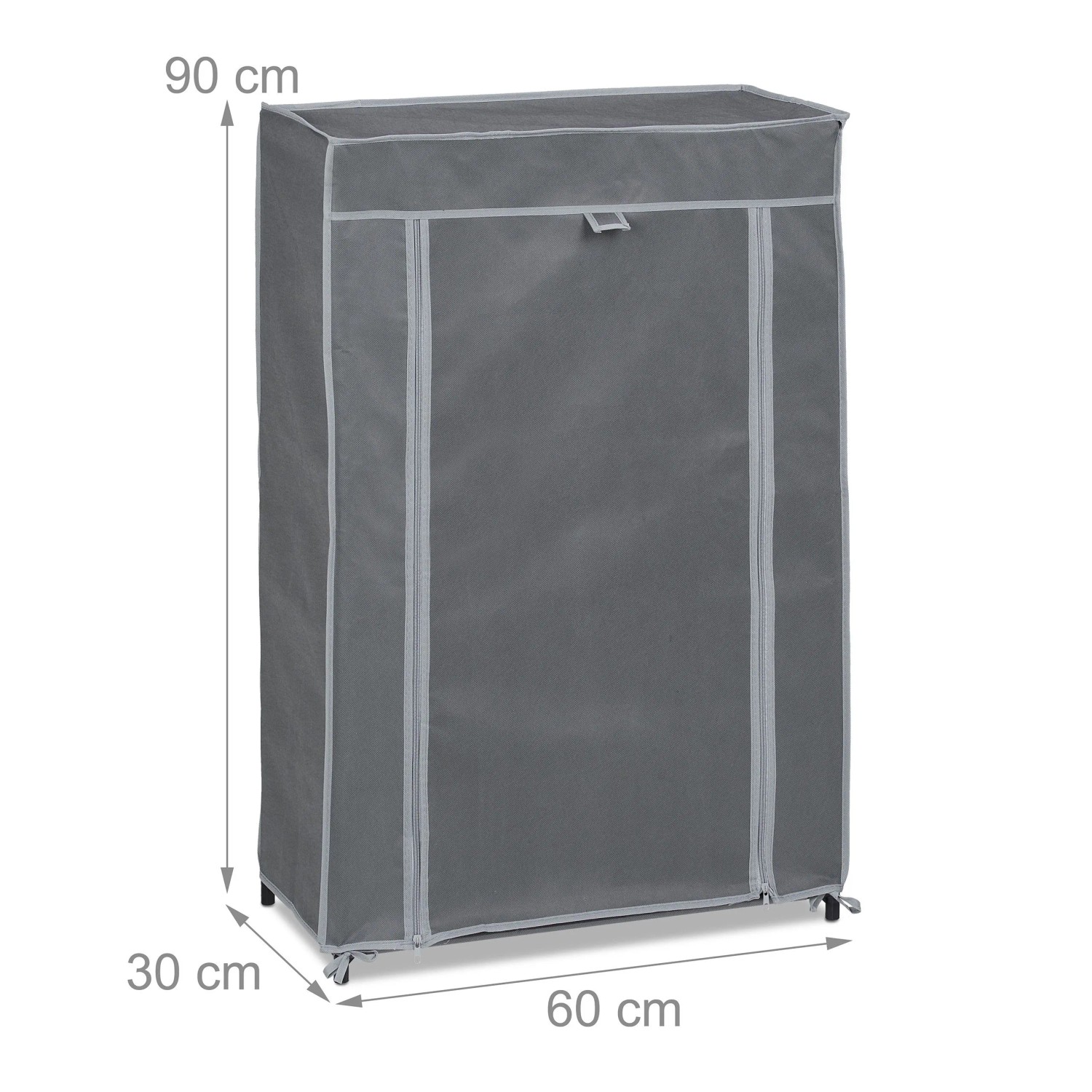 Anthrazitfarbener Schuhschrank aus Vliesstoff mit 5 Fächern, Reißverschluss und Maßen 90x60x30 cm.