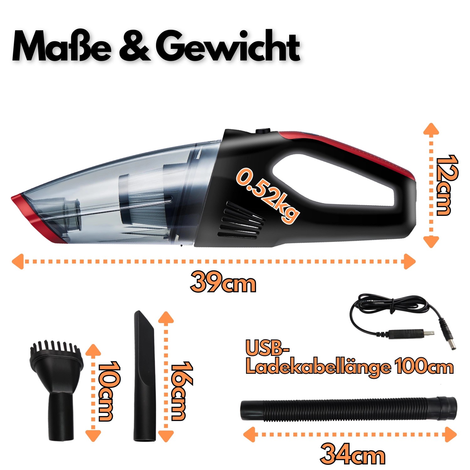 Steinborg Akku-Handstaubsauger SB-1030 mit Zubehör und Maßangaben.