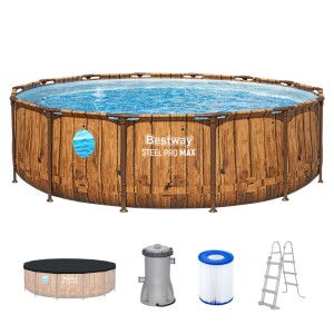 Bestway Framepool Steel Pro Max Splashview in Holzoptik, rund, mit Bullauge. Komplettset mit Pumpe, Leiter, Abdeckplane.