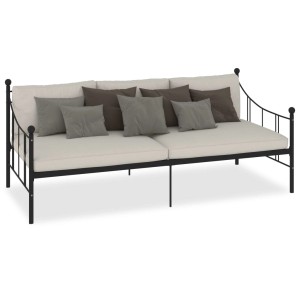 Schwarzes vidaXL Tagesbett aus Metall (90x200 cm) mit Kissen als Sofa oder Gästebett.