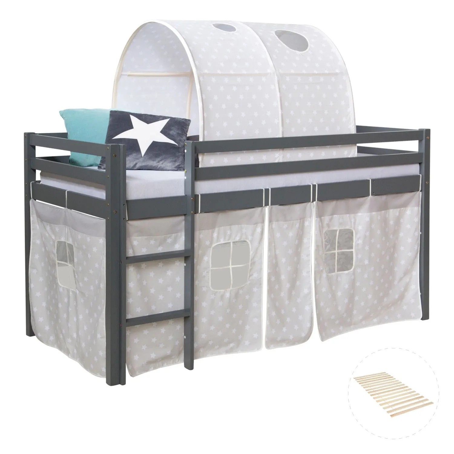 Homestyle4u Kinderhochbett 90x200 Grau mit Lattenrost 2778