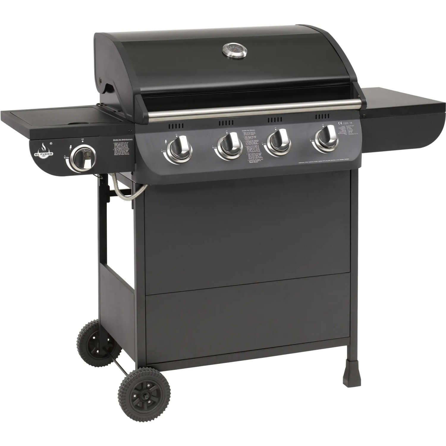 Schwarzer El Fuego Gasgrill Columbus mit 4 Brennern und Seitenbrenner.