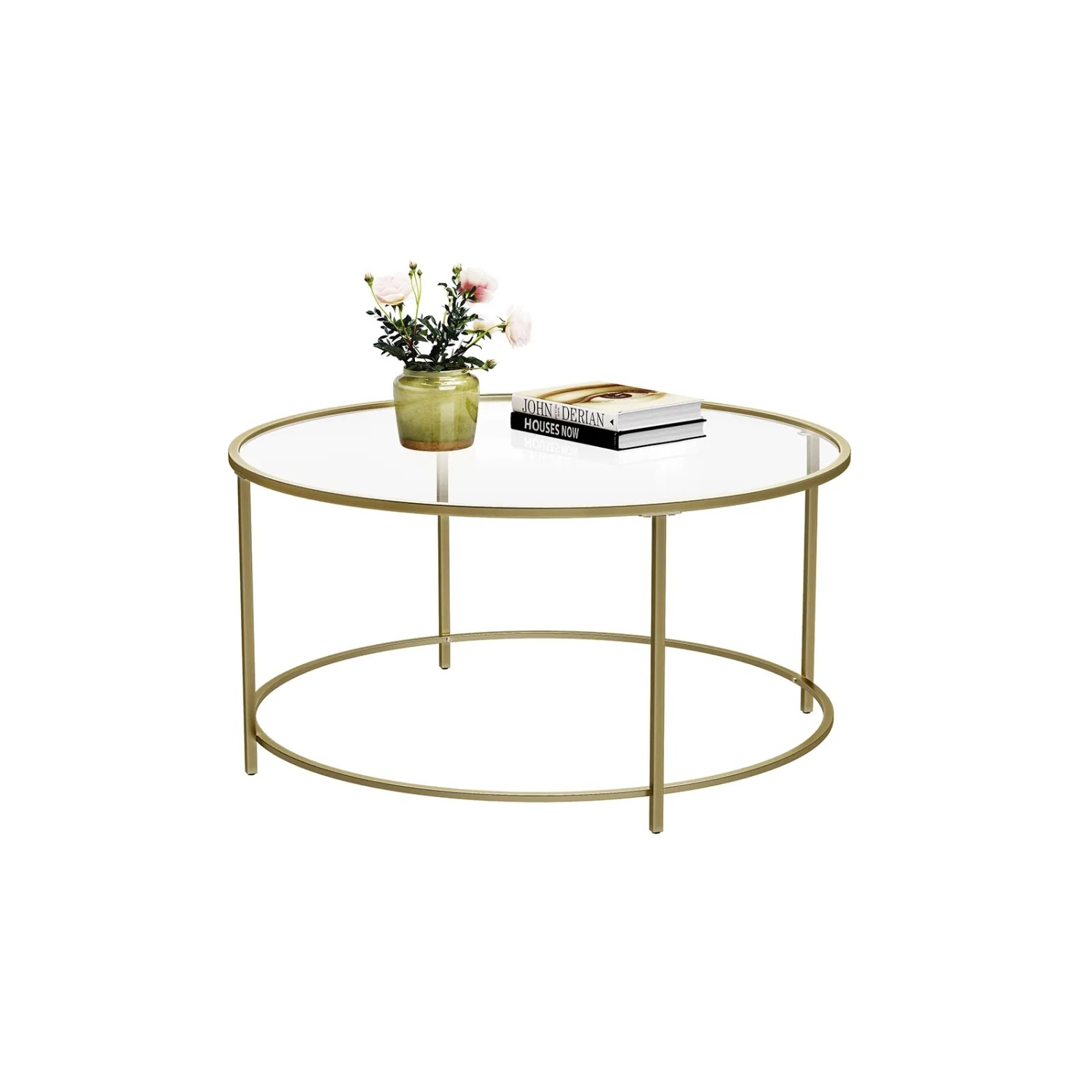 Vasagle Couchtisch mit Glasplatte und goldenem Stahlrahmen, runde Form.