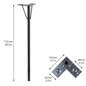 Schwarzes Wagner Hairpin Leg Möbelbein aus Stahl, 71 cm hoch, mit Montageplatte und Maßangaben.