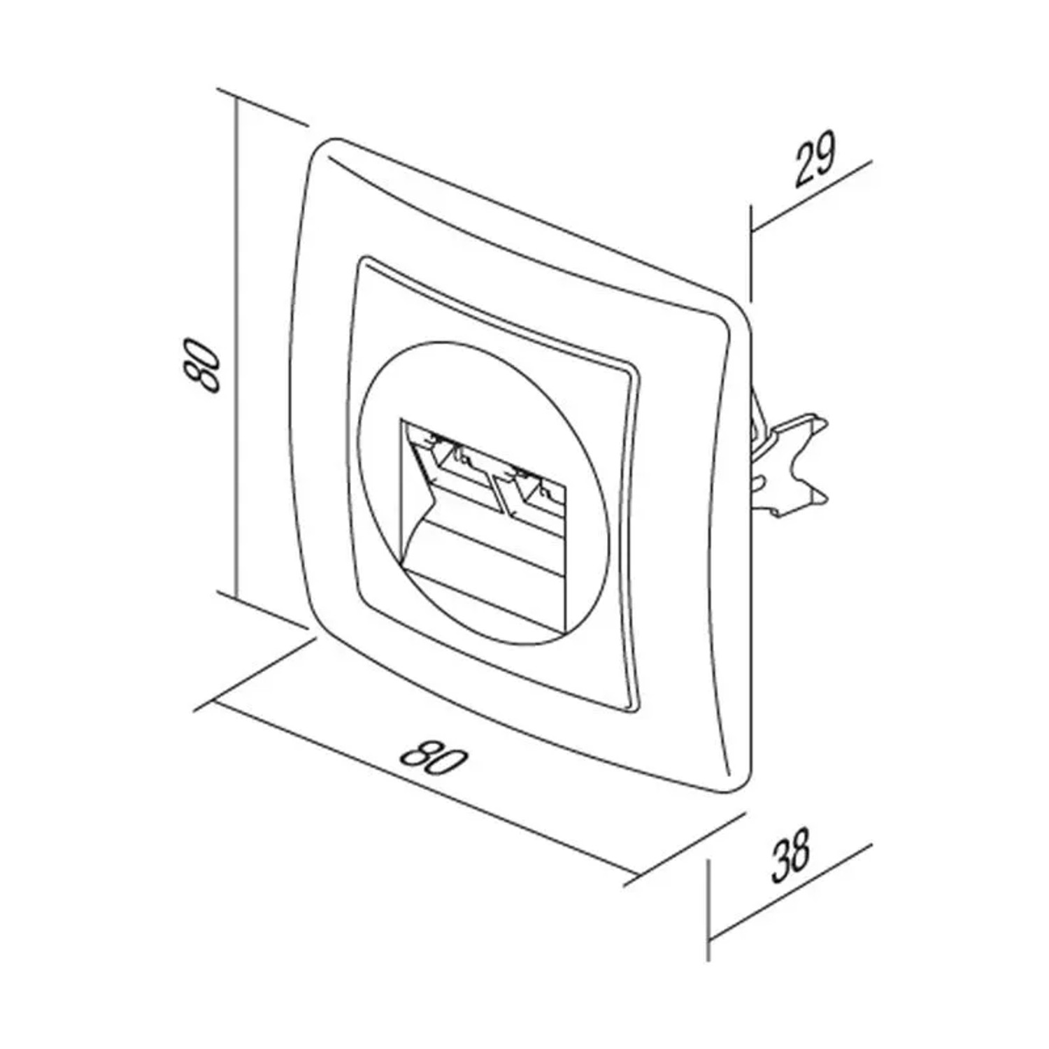 Skizze einer silbernen TEM EKONOMIK 2-fach RJ45 Netzwerkdose Cat5e mit Maßangaben.