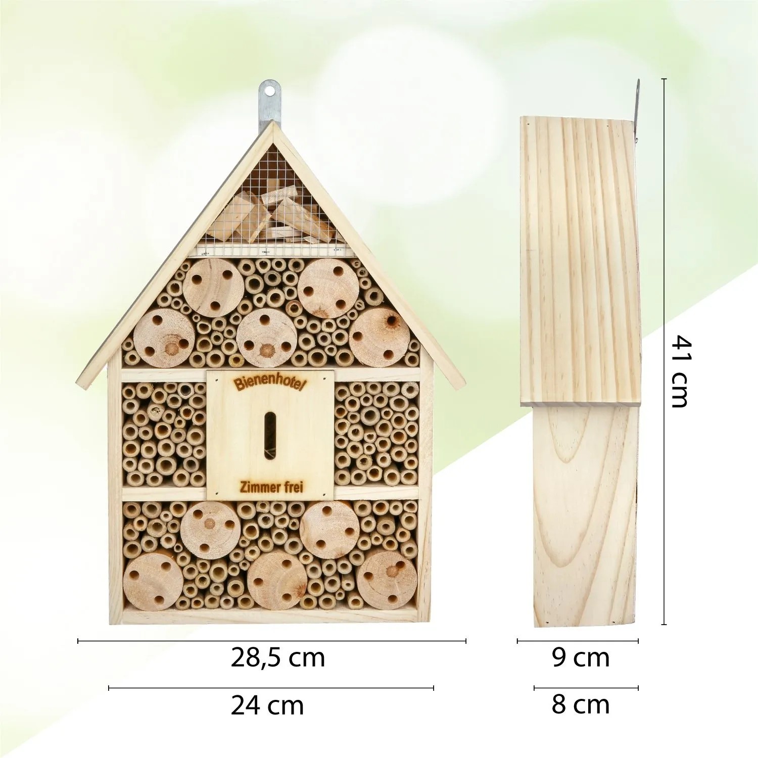 CULT at home Insektenhotel aus Holz, braun, 41x28,5 cm. Hausform mit Bambusröhren & Holzblöcken für Bienen & Insekten.