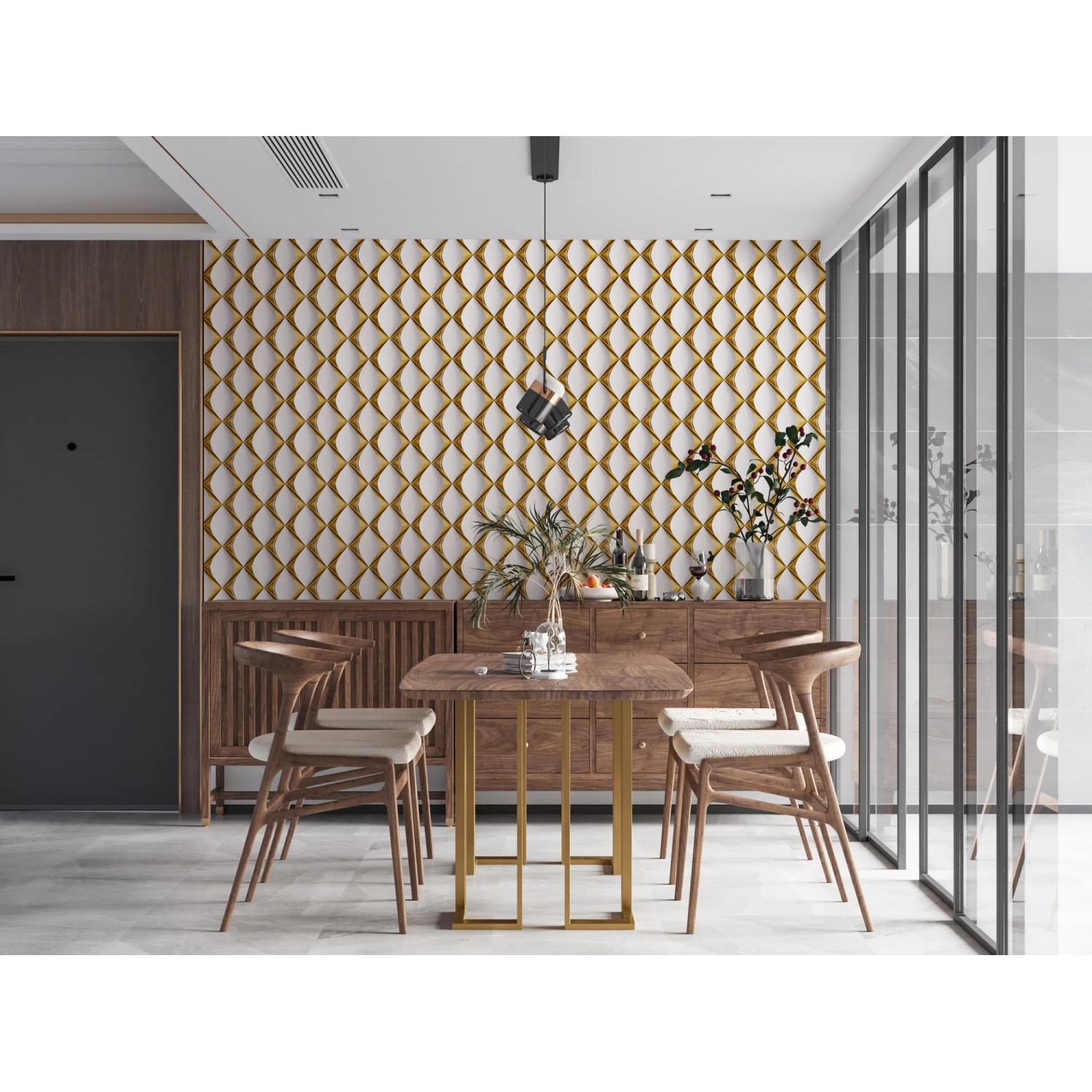 Wohnraum mit gold-weißer 3D Vliestapete mit Glanz und leichter Struktur.