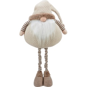 Beiger Wichtel aus Stoff/Polyester als Weihnachtsdeko mit ausziehbaren Beinen.