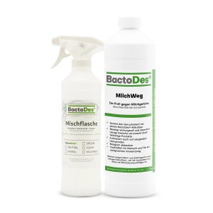 BactoDes MilchWeg Reiniger 1L mit Mischflasche zur Entfernung von Milchgeruch.