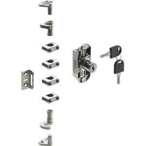 Hettich Drehstangenschloss, vernickelt, mit Zubehör und Schlüsseln für Möbeltüren.