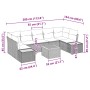 Beiges 8-teiliges Garten-Sofa-Set aus Polyrattan mit Kissen und Tisch, modulare Bauweise.