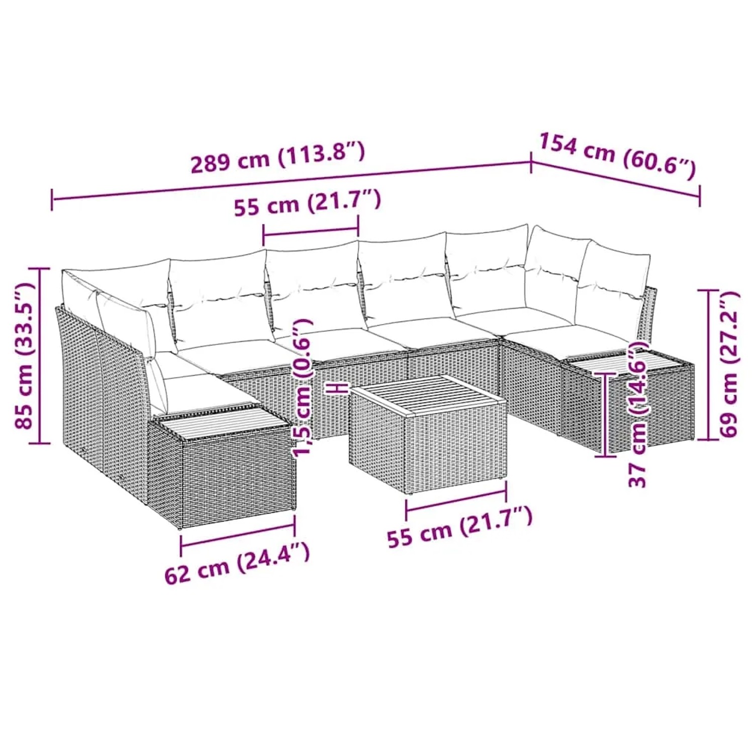 Beiges 8-teiliges Garten-Sofa-Set aus Polyrattan mit Kissen und Tisch, modulare Bauweise.