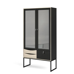 Ebuy24 Vitrinenschrank mit Glastüren, Schubladen, schwarz/Eiche Dekor.