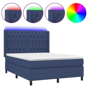 Blaues Boxspringbett (140x190 cm) mit Matratze, LED-Kopfende und Topper.