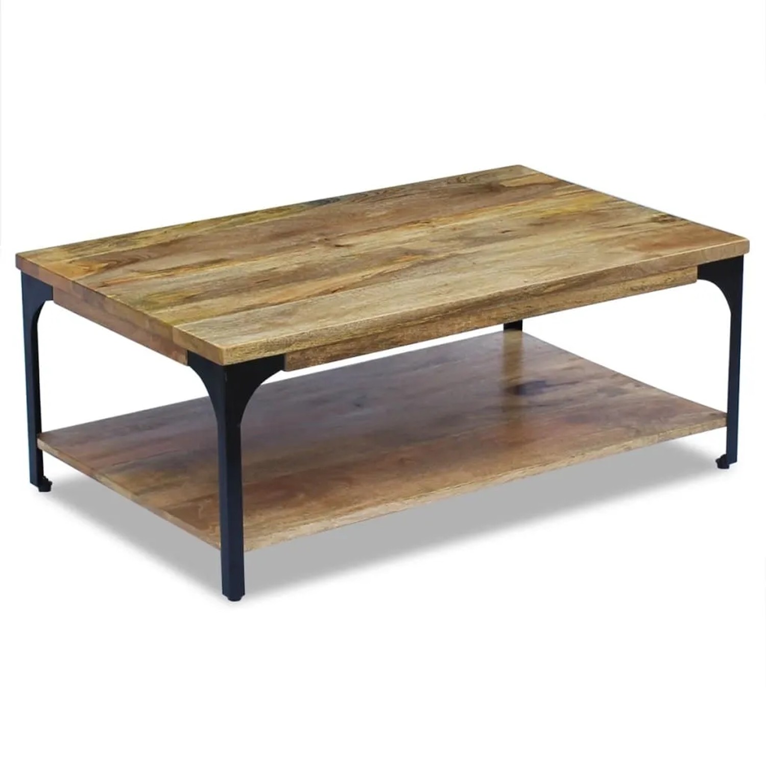 Rechteckiger Couchtisch aus Mangoholz (100x60 cm) mit Ablage und schwarzem Stahlrahmen.