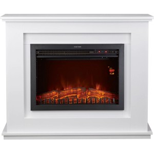 Weiß-schwarzer Elektrokamin Moorhampton Fire mit realistischem Holz-Flammeneffekt und LED-Display. Moderner Kaminofen 2000 W.