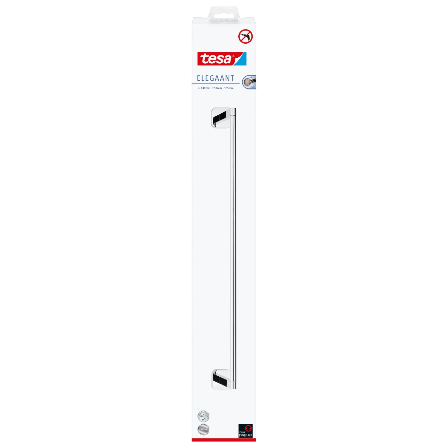 Tesa Elegaant Handtuchstange Chrom, verpackt. Rostfreier Handtuchhalter zur Wandmontage ohne Bohren.