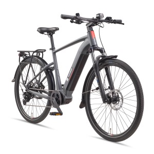 Graues Telefunken SUV E-Bike 27,5 Zoll mit Mittelmotor und Gepäckträger.