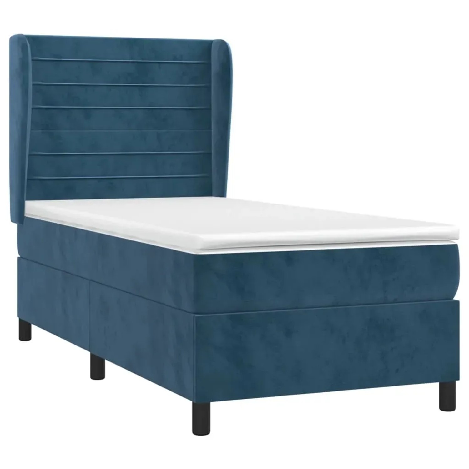 Dunkelblaues Boxspringbett (80x200 cm) mit Samtbezug, Matratze und Kopfteil.