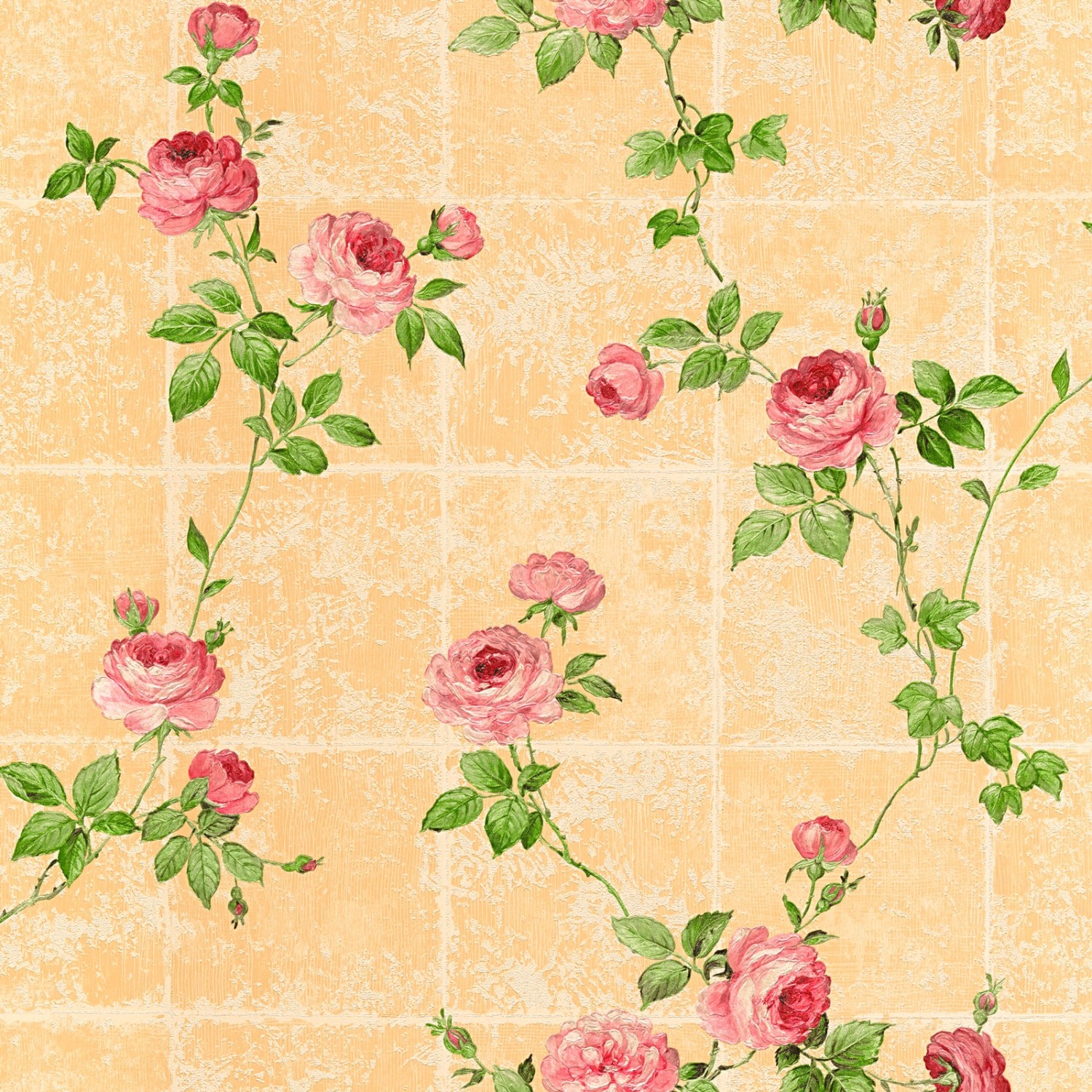 Bricoflor Apricot Tapete mit Rosen Romantische Vliestapete mit Blumen auf Fliesen Im Shabby Chic Vintage Blumentapete in