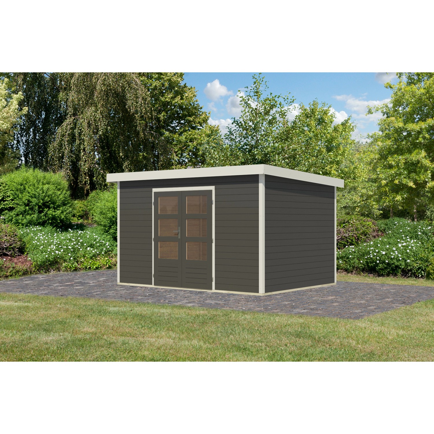 Karibu Gartenhaus Domingo 7 B Terragrau/Weiß 219 x 360 x 240 cm günstig online kaufen