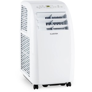 Weiße Klarstein Metrobreeze Rom Klimaanlage mit Rollen und digitalem Display.