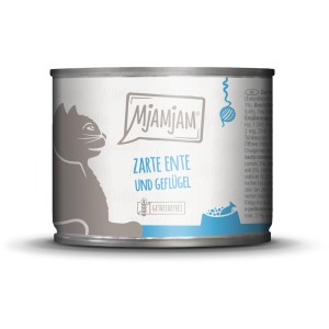 Mjamjam Katzen-Nassfutter Zarte Ente & Geflügel mit Möhrchen, 200g Dose.